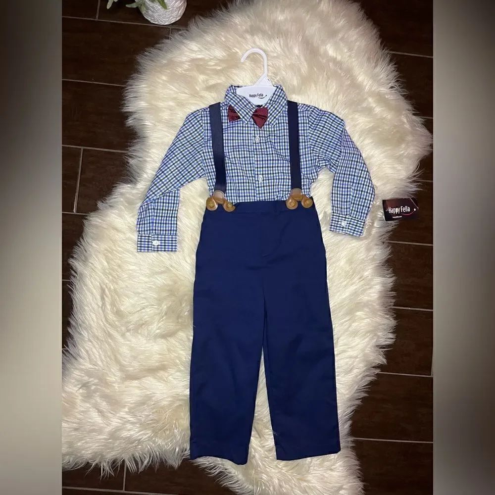 Happy Fella plaid button down suspenders pant set sz 4